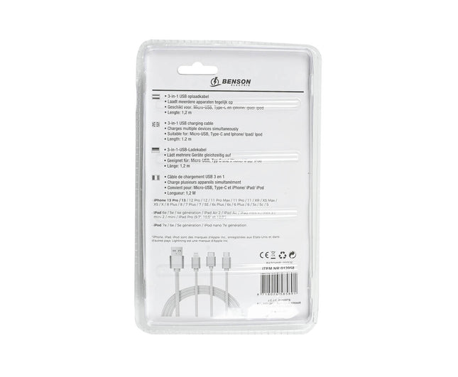3-in-1 USB Kabel 1,2m - iPhone, Micro-USB, USB-C, Laad Meerdere Apparaat