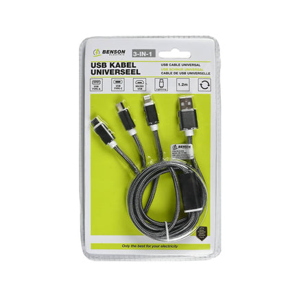 3-in-1 USB Kabel 1,2m - iPhone, Micro-USB, USB-C, Laad Meerdere Apparaat