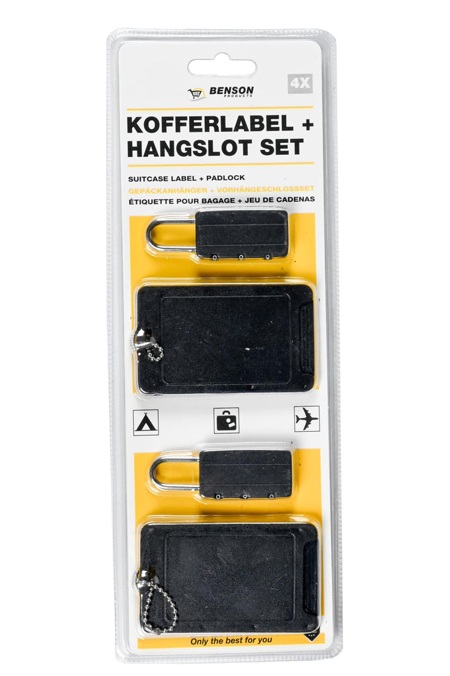 Kofferlabel + hangslot set 4 dlg
