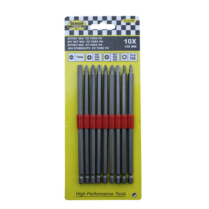10-teiliges Bit-Set 150 mm, Torx, PH, PZ für schwer zugängliche Stellen.