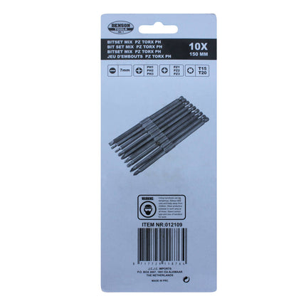 10-teiliges Bit-Set 150 mm, Torx, PH, PZ für schwer zugängliche Stellen.