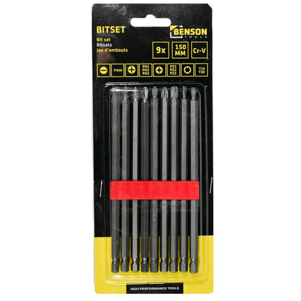 10-teiliges Bit-Set 150 mm, Torx, PH, PZ für schwer zugängliche Stellen.