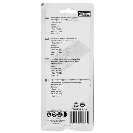 10-teiliges Bit-Set 150 mm, Torx, PH, PZ für schwer zugängliche Stellen.