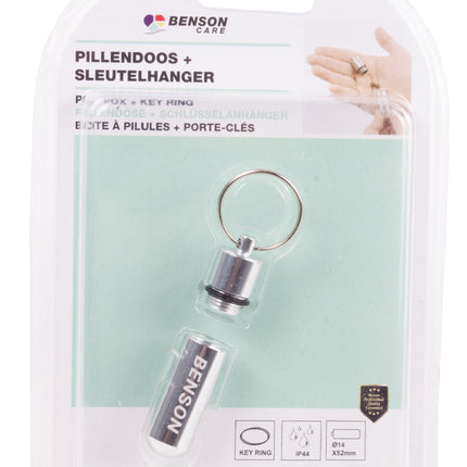 Pillendoos met sleutelhanger 52 x ø14 mm – o Spatwaterdicht pillen blijven goed droog