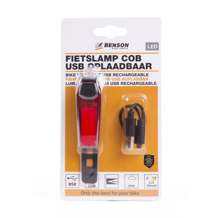 COB LED Fietslamp Rood, USB Oplaadbaar, 80 Lumen, 3 Lichtstanden