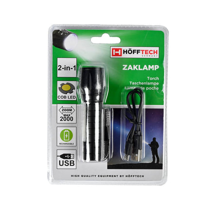3W LED Zaklamp COB 2-in-1, Zoom 2000X, Oplaadbaar, 5u Looptijd