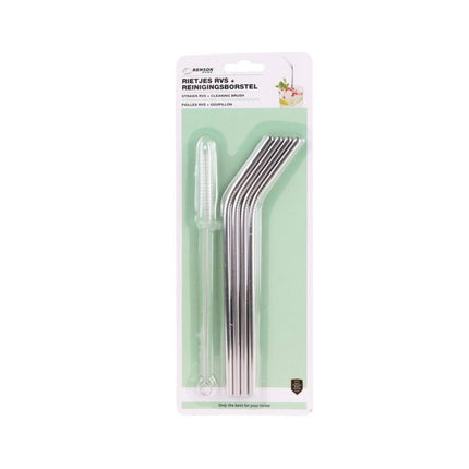 RVS Gebogen Rietjes, 4 stuks + Borstel, 21.5 cm, Vaatwasserbestendig