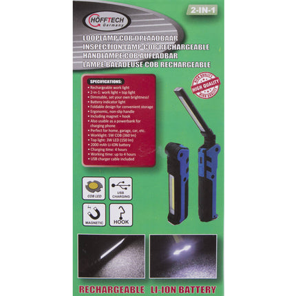 2-in-1 Looplamp Zaklamp, 2000mAh, Magnetisch, USB-C, Telefoonladen