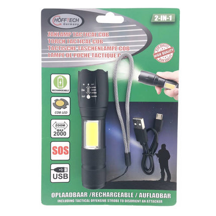 Tactical 5W LED Zaklamp + 3W COB, 2-in-1 Oplaadbaar, 5 Modi, 1200mAh