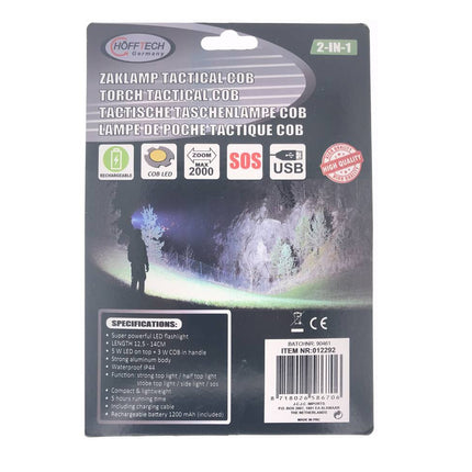 Tactical 5W LED Zaklamp + 3W COB, 2-in-1 Oplaadbaar, 5 Modi, 1200mAh