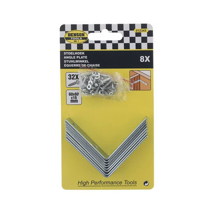 Stoelhoek Set 8 stuks 60x60x16 mm met 32 schroeven voor meubels.