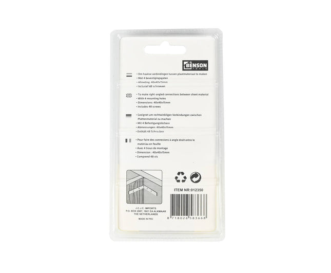 Stoelhoek 12 stuks 40x40x15mm met 48 schroeven voor meubelbouw