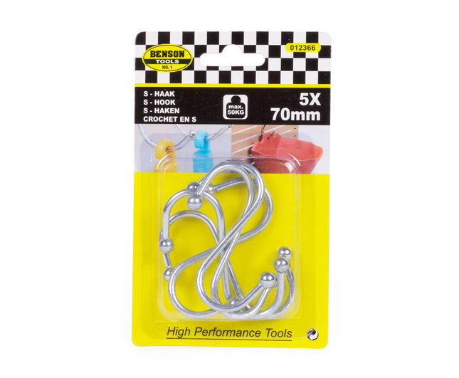 Verzinkte S-haken 75 mm, 5 stuks, ideaal voor keukengerei ophangen.