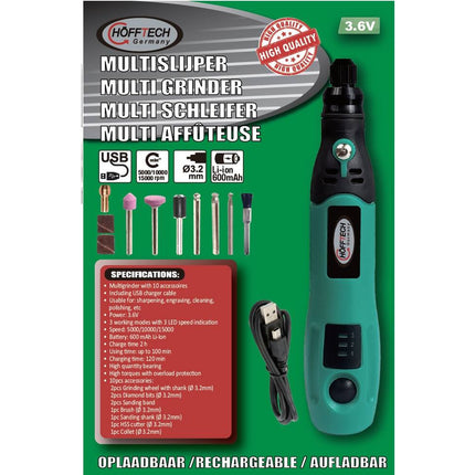 Multislijper 3.6V, 10 Opzetstukken, 5000-15000 RPM, Oplaadbaar