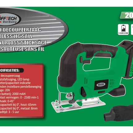 Accu Decoupeerzaag 20V 2000 mAh, 0-2500 RPM, Zaagdiepte 65mm Hout