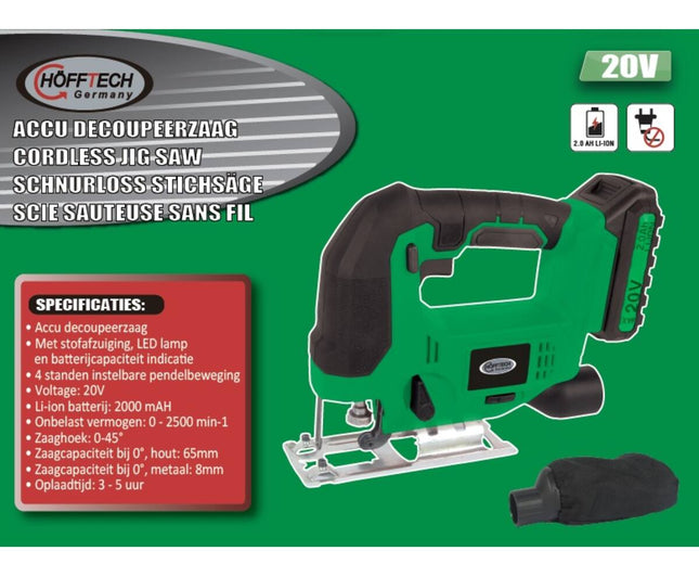 Akku-Stichsäge 20V 2000 mAh, 0-2500 U/min, Schnitttiefe 65mm Holz