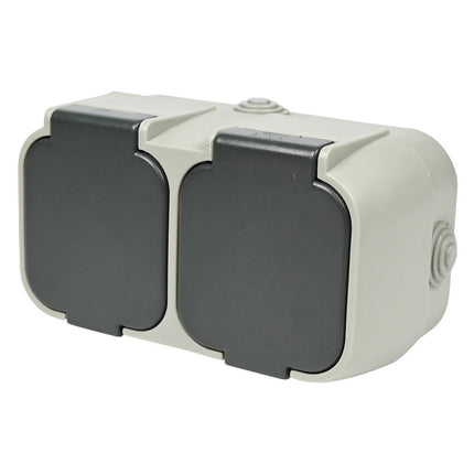 2-voudig IP54 stopcontact voor vochtige ruimtes, 250V AC, 16A max