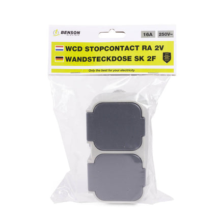 2-voudig IP54 stopcontact voor vochtige ruimtes, 250V AC, 16A max