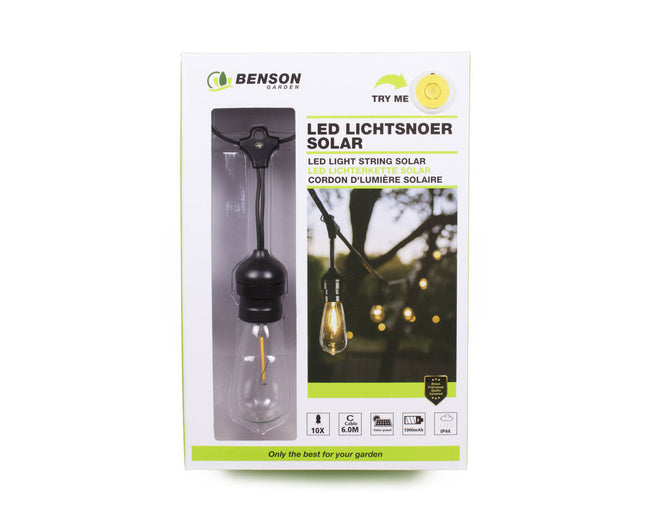 Solar LED Lichtsnoer 10 dlg, 6 mtr, 1000mAh, IP44, voor buitengebruik