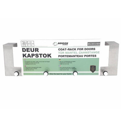 Deurkapstok RVS, 4 haken, past tot 40mm deur, ideaal voor jassen.