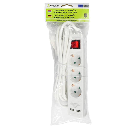 Stekkerdoos 3-voudig, 2 USB, Schakelaar, 3m Kabel, RA-aansluiting