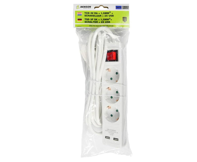 Stekkerdoos 3-voudig, 2 USB, Schakelaar, 3m Kabel, RA-aansluiting
