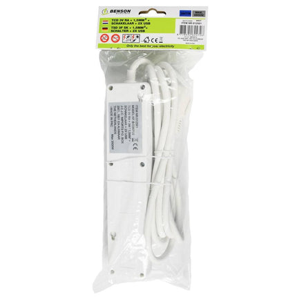 Stekkerdoos 3-voudig, 2 USB, Schakelaar, 3m Kabel, RA-aansluiting