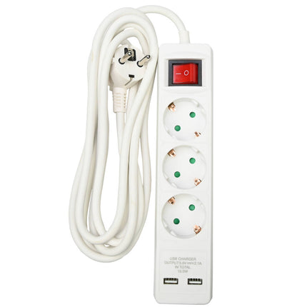 Stekkerdoos 3-voudig, 2 USB, Schakelaar, 3m Kabel, RA-aansluiting