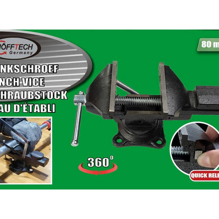 Bankschroef 80mm Quick Release, 360° draaivoet, gietijzer, werkbank.