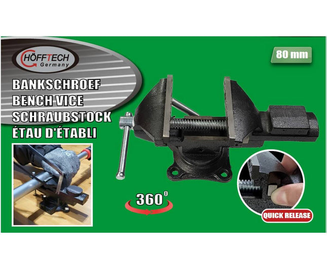 Schraubstock 80mm mit Schnellverstellung, 360°-Drehfuß, Gusseisen, Werkbank.