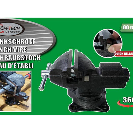 Bankschroef 80mm Quick Release, 360° draaivoet, gietijzer, werkbank.