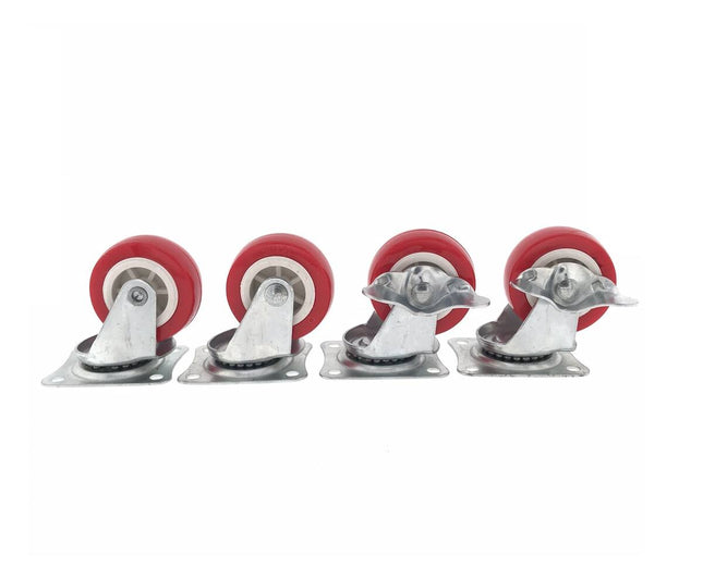 Zwenkwiel Set 50 mm Rood 4-delig, 2x Rem, Voor Karren & Trolleys
