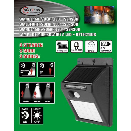 Solar LED Wandlamp met PIR Sensor, IP65, Buitenverlichting, 3.7V Li-Battery