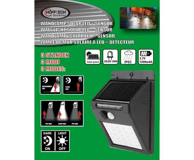 Solar LED Wandlamp met PIR Sensor, IP65, Buitenverlichting, 3.7V Li-Battery