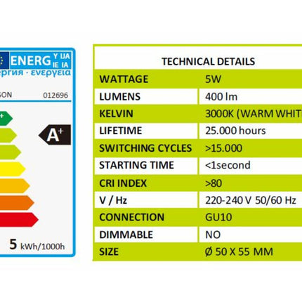 LED Lamp GU10 5W 3-delig, 400lm, 3000K, 25.000 uur, snelle start