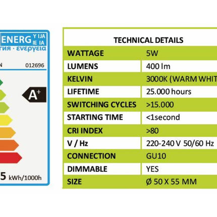 LED GU10 5W Dimbaar Lamp 3-delig, 3000K, 400lm, 25.000u levensduur