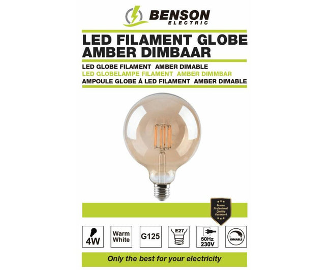 LED Globe Filament G125 4W Amber, E27, Dimbaar, 3000K, 360lm