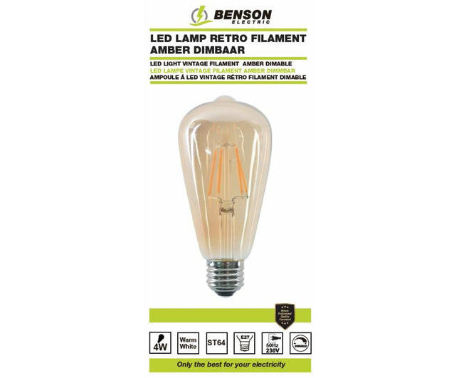 Retro Amber LED Filament Lamp 4W E27 3000K Dimbaar - 360lm 25.000u