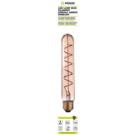 LED Lamp Buis T30 4W E27 Amber, Dimbaar, 30x185mm, 3000K Warm Licht