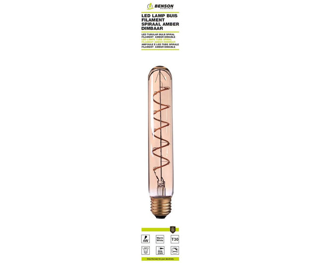 LED Lamp Buis T30 4W E27 Amber, Dimbaar, 30x185mm, 3000K Warm Licht