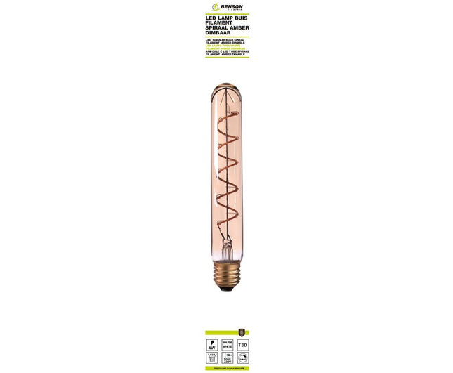 LED Buislamp T30 4W E27 Amber, 30x255mm, Dimbaar, 240lm, 3000K