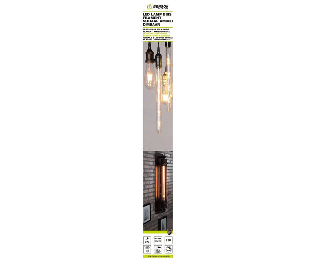 LED Buislamp T30 4W E27 Amber, 30x255mm, Dimbaar, 240lm, 3000K