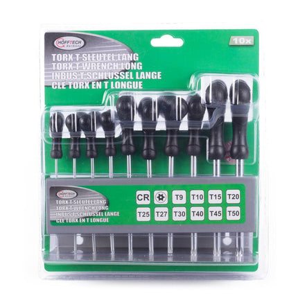 Lange Torx T-Sleutelset 10 dlg, incl. muurrek, maten T9-T50