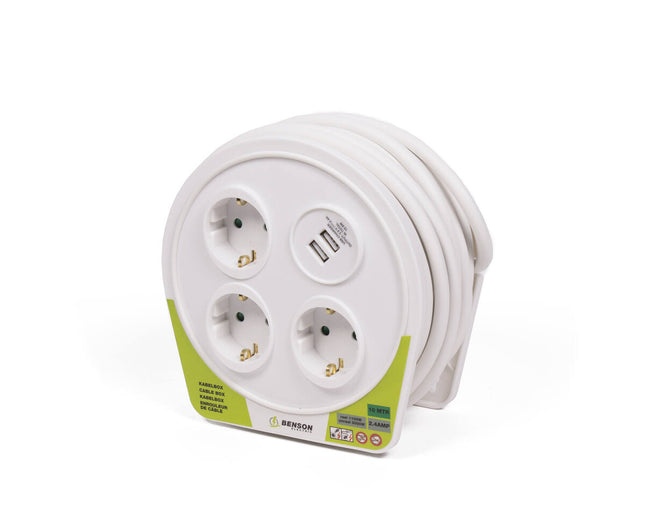 Kabelbox 10m 3x stopcontact + 2x USB 2.4A, ideaal voor thuisgebruik