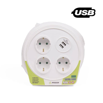 Kabelbox 10m 3x stopcontact + 2x USB 2.4A, ideaal voor thuisgebruik