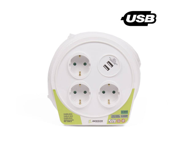 Kabelbox 10m 3x stopcontact + 2x USB 2.4A, ideaal voor thuisgebruik
