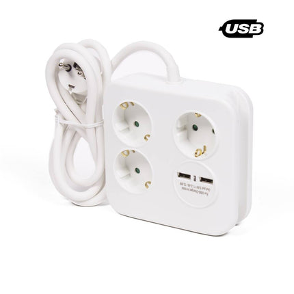 Stekkerdoos 3x230V + 2 USB 2.4A, 1.5m Kabel, Vierkant Design