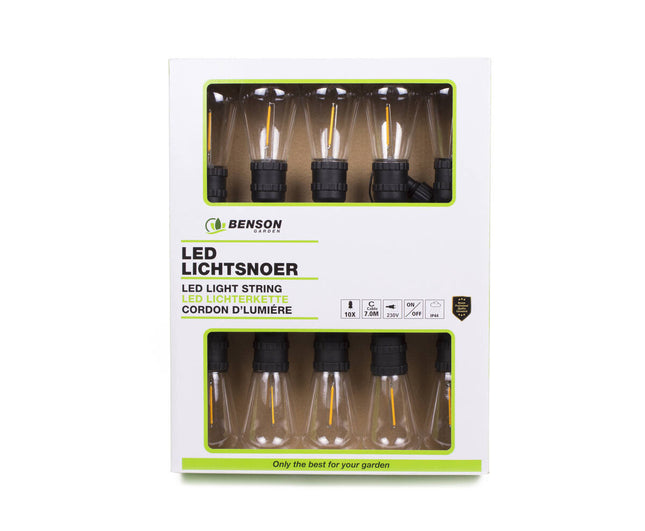 LED Lichtsnoer 7m, 10x S14 Lampen, Warm Wit, Timer, Buiten gebruik