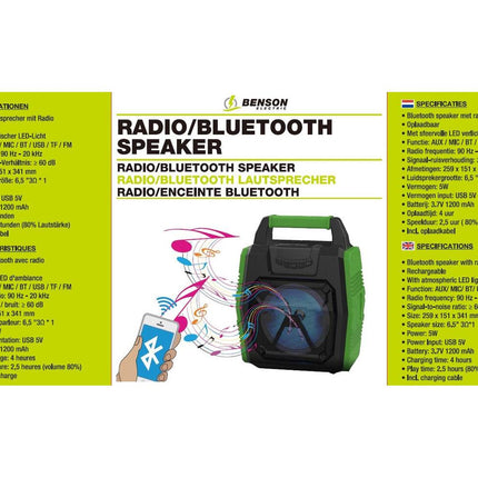 Bluetooth Speaker Radio 5W, 1200mAh, LED, USB, TF, FM, 259x151x341mm