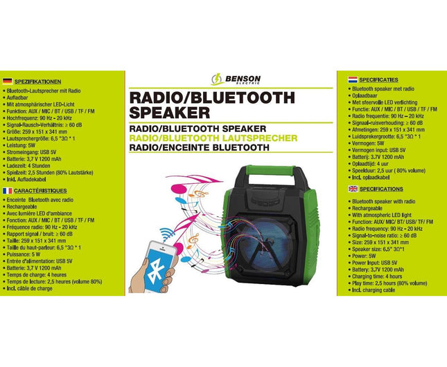 Bluetooth Speaker Radio 5W, 1200mAh, LED, USB, TF, FM, 259x151x341mm